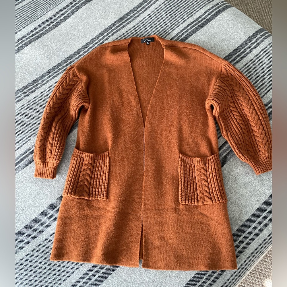 Lulu's Rust Cable Knit Open-Front Cardigan - Picture 2 of 16